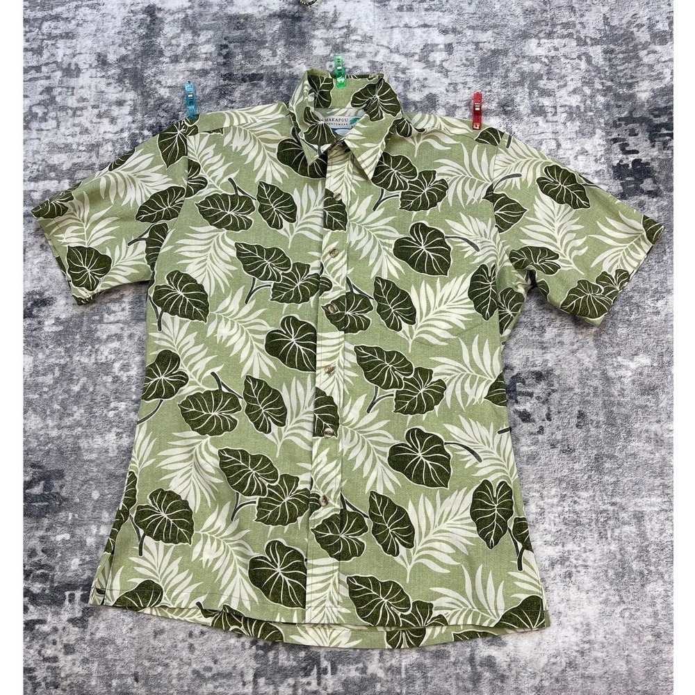 Vtg Makapuu Hawaiian Shirt Men Medium Green White Taro Leaf Palm  Fronds Aloha